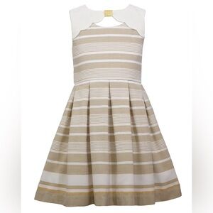 Bonnie Jean | Beige | Gold | White Striped Girls Dress Size 7 Sleveless